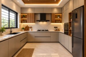 Modern L-shaped modular kitchen with wooden cabinets, marble countertop and warm lighting