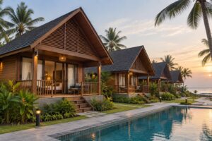 Tropical resort houses with wooden cottages, palm trees and swimming poo