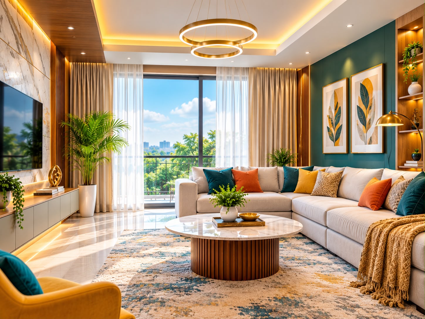 Modern luxury living room interior design with elegant furniture and warm lighting