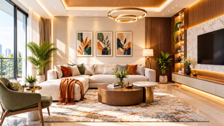 Modern luxury living room with elegant sofa, TV feature wall, warm lighting, and contemporary décor.