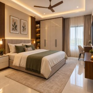 Modern master bedroom with upholstered bed, built-in wardrobe and warm ambient lighting