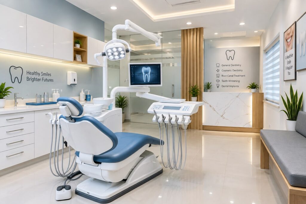Modern dental clinic interior with dental chair, treatment equipment and clean white cabinetry