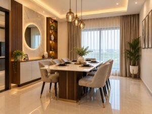 Luxury modern dining room with elegant lighting and marble dining table.
