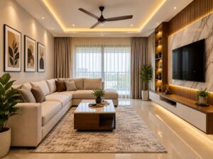 Modern luxury living room with L-shaped sofa, TV feature wall, warm lighting, and elegant décor.