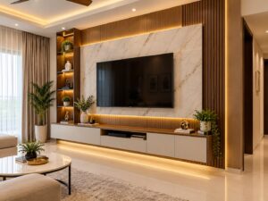 Modern living room TV unit with marble wall and wooden panel design