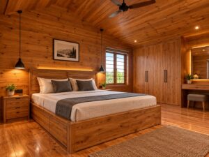 Warm wooden bedroom interior with modern bed, wardrobe and ambient lighting